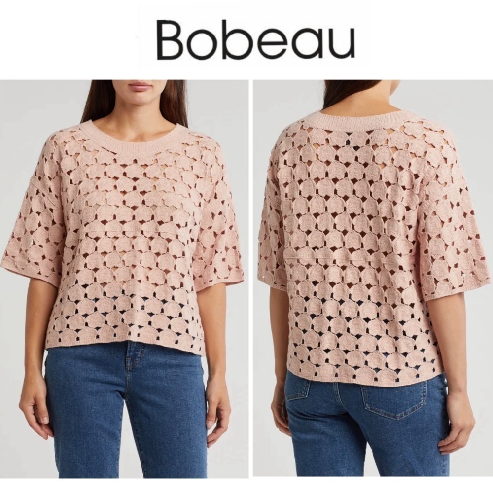 Bobeau blush pink top, crochet knit style oversized boxy cut pullover, size M
